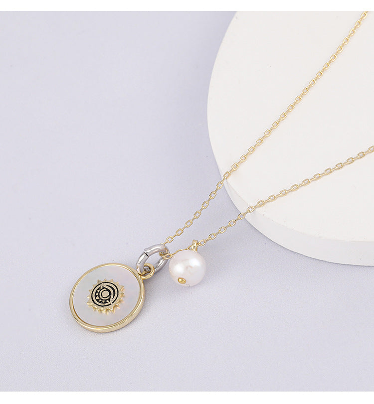 New S925 Silver Baroque Pearl White Mother Shell Blue Eye Necklace Collarbone Chain