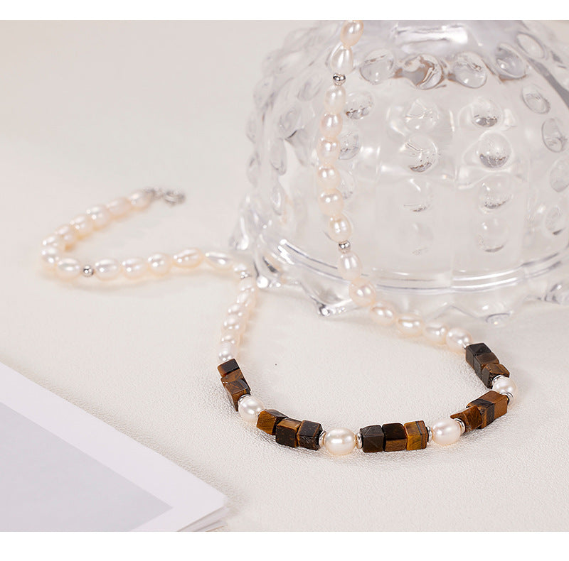 Maillard Style 925 Sterling Silver Tiger’s Eye & Pearl Necklace