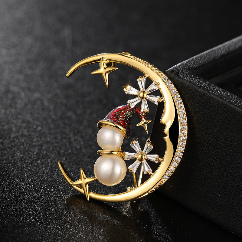 Zircon Moon Snowman Brooch, Freshwater Pearl Oil Christmas Gift Pin