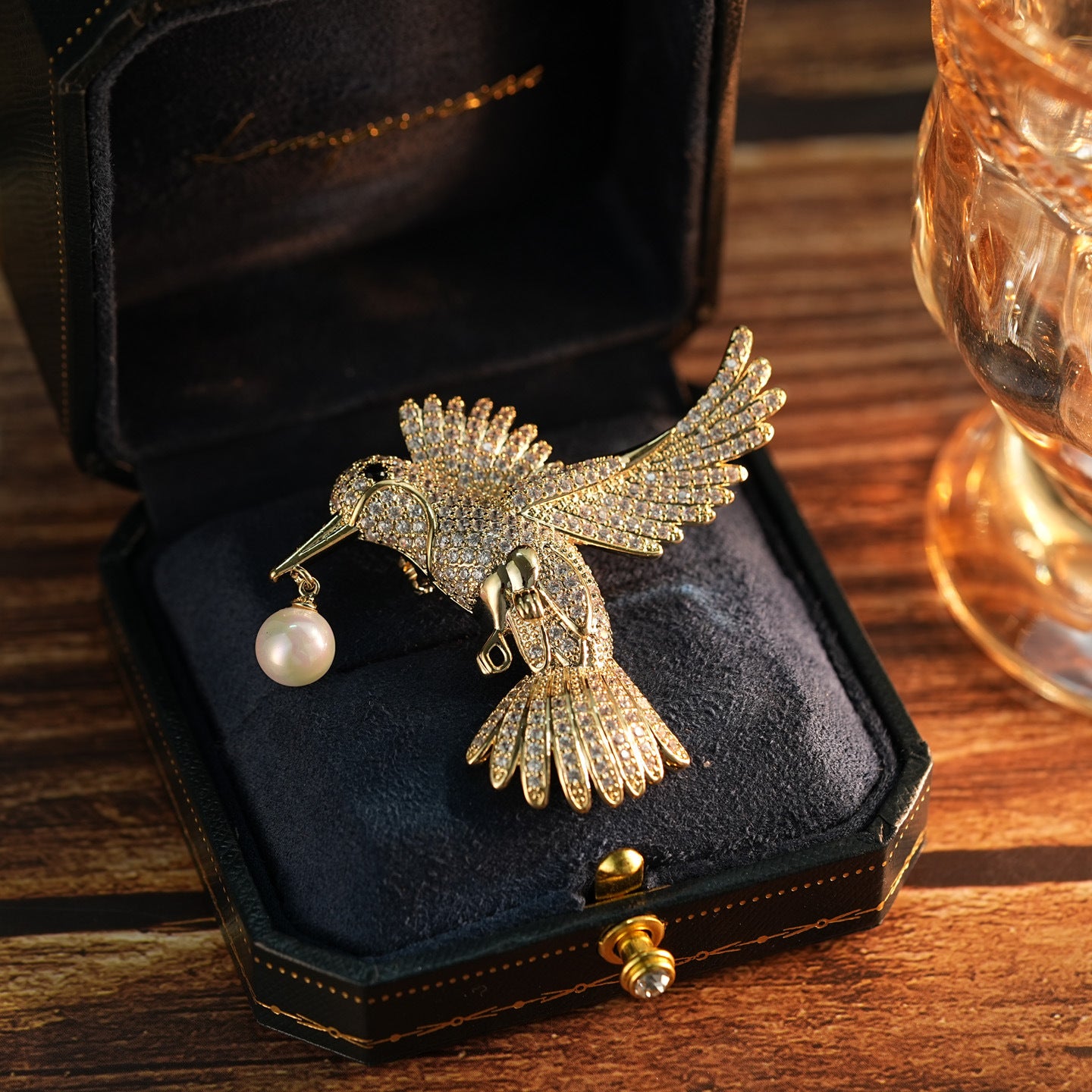 Silver White Pearl Hummingbird Brooch with Diamonds