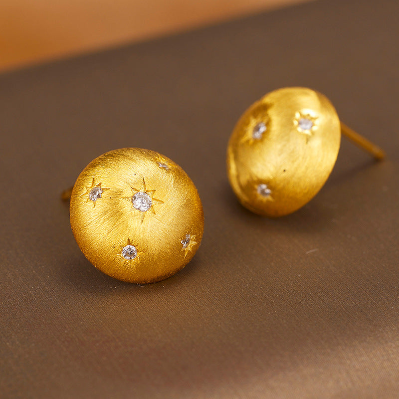S925 Sterling Silver Stud Earrings Women's Medieval Gilt Round Star Earrings