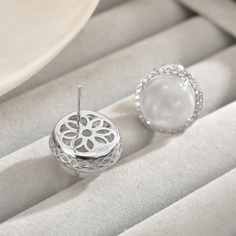 S925 Sterling Silver Stud Earrings High-end Natural Foam Jade Stud Earrings Clear Round Earrings Women's Gift