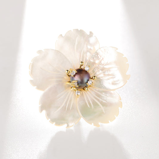 Natural Sea Shell Freshwater Pearl Peach Blossom Flower Brooch