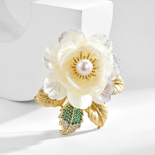 Natural Shell Freshwater Pearl Camellia Brooch