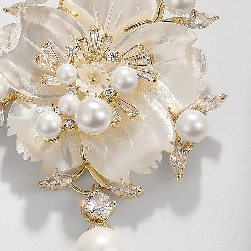 Mother Shell Brooch Pearl Camellia Zircon Corsage