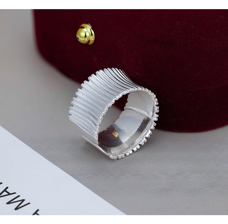 Niche Design 925 Sterling Silver Pleated Wide-sided Geometric Striped Opening Adjustable Ring