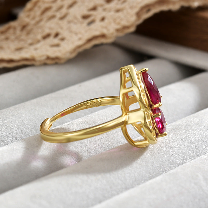 S925 Sterling Silver Luxury Gourd Corundum Ring Gold Diamond Inlaid Adjustable Opening Women's Ring Birthday Gift