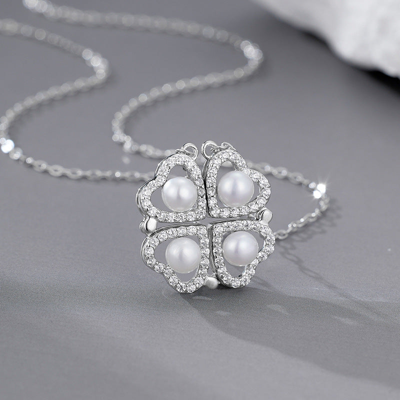 925 Sterling Silver Micro-inlaid Zircon Two Wearing Four-leaf Love Pearl Necklace Women's Niche Design Collarbone Chain