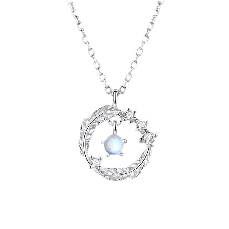 Dapaza S925 Sterling Silver Diamond Moonstone Feather Pendant Necklace