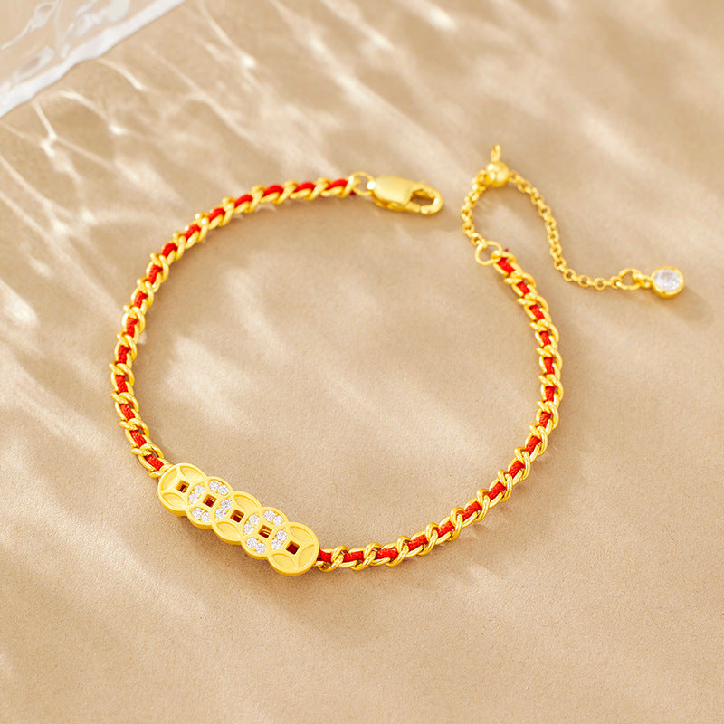 Five Emperors Money Bracelet Red Rope Women's 925 Sterling Silver Year of The Snake Birthday Year Niche Design Hand Jewelry