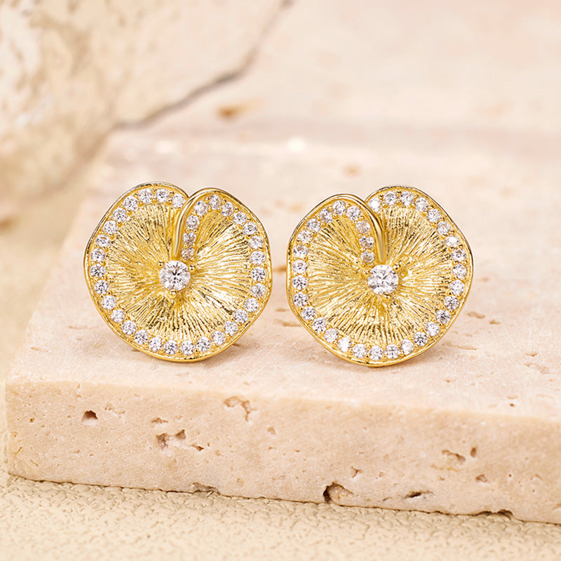Dapaza Brushed Craft S925 Sterling Silver Lotus Leaf Folded Texture Stud Earrings