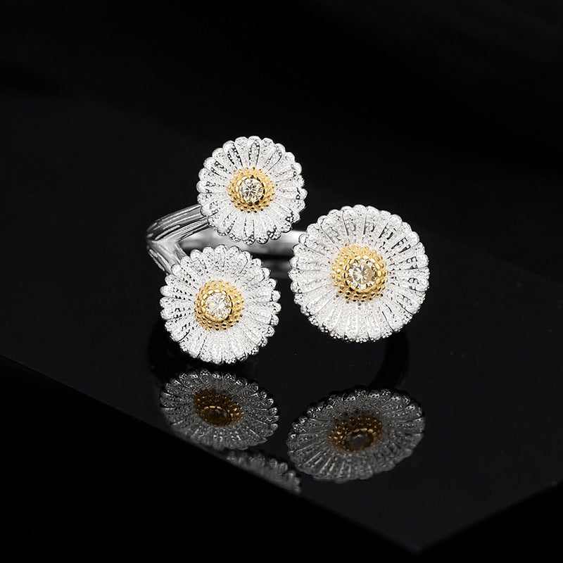 Dapaza Niche Premium Sense S925 Sterling Silver Italian Brushed Vintage Small Daisy Open Ring