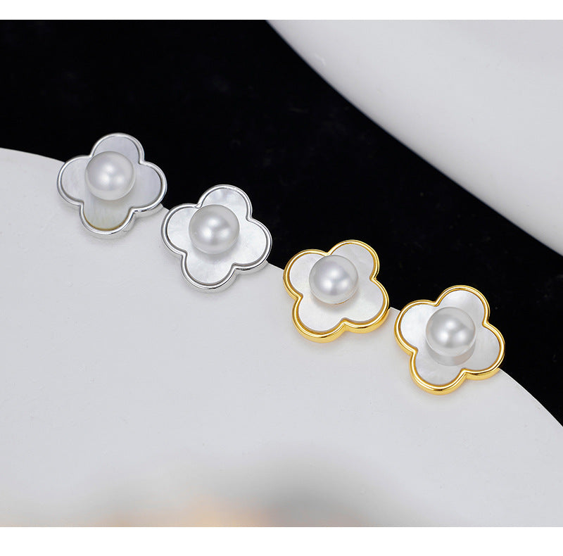 S925 Sterling Silver French Lucky Grass Mother Pearl Earrings Ear Jewelry