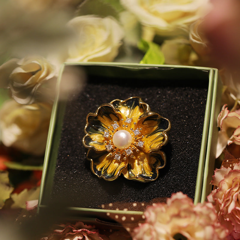 Enamel Pearl Peony Brooch, High-end Atmospheric Suit Corsage Gift