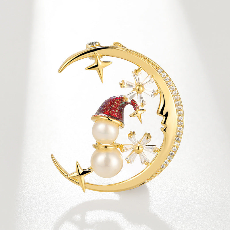 Zircon Moon Snowman Brooch, Freshwater Pearl Oil Christmas Gift Pin
