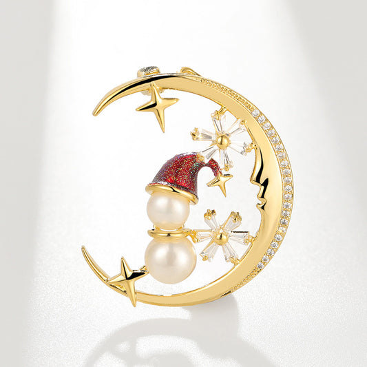 Zircon Moon Snowman Brooch, Freshwater Pearl Oil Christmas Gift Pin