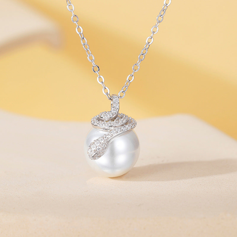 S925 Sterling Silver Aobaibei Bead Necklace with Zirconium Snake Collarbone Chain