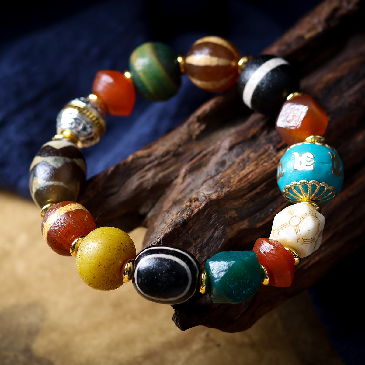 Buddha Life Tibetan Multi-treasure Bracelet, Dzi Bead Old Agate Melon Bead Six-character Motto Accessories Bracelet