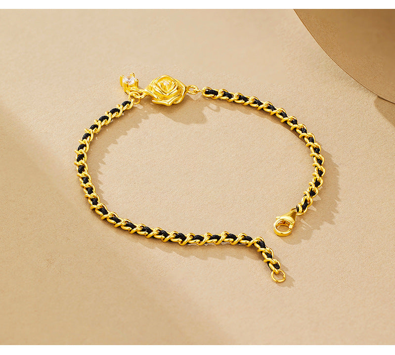 2025 Popular Bracelet Light Luxury High Sense 925 Sterling Silver Black Gold Camellia Woven Hand Jewelry