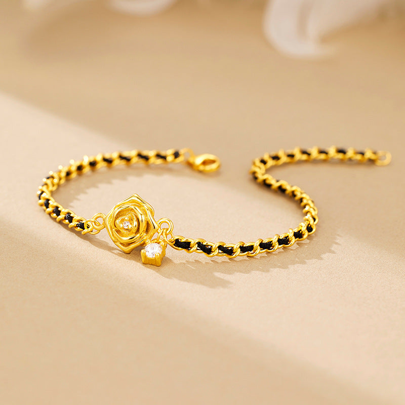 2025 Popular Bracelet Light Luxury High Sense 925 Sterling Silver Black Gold Camellia Woven Hand Jewelry