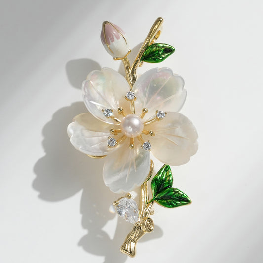 DAPAZA High-grade Natural Freshwater Pearl Shell Rhododendron Brooch, Enamel Bud Accessories Brooch Pin