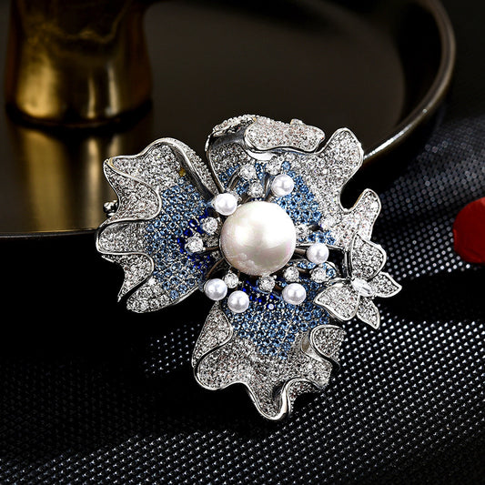 New Elegant Pearl Flower Brooch Retro High-end Full Diamond Zircon Flower Clothing Corsage
