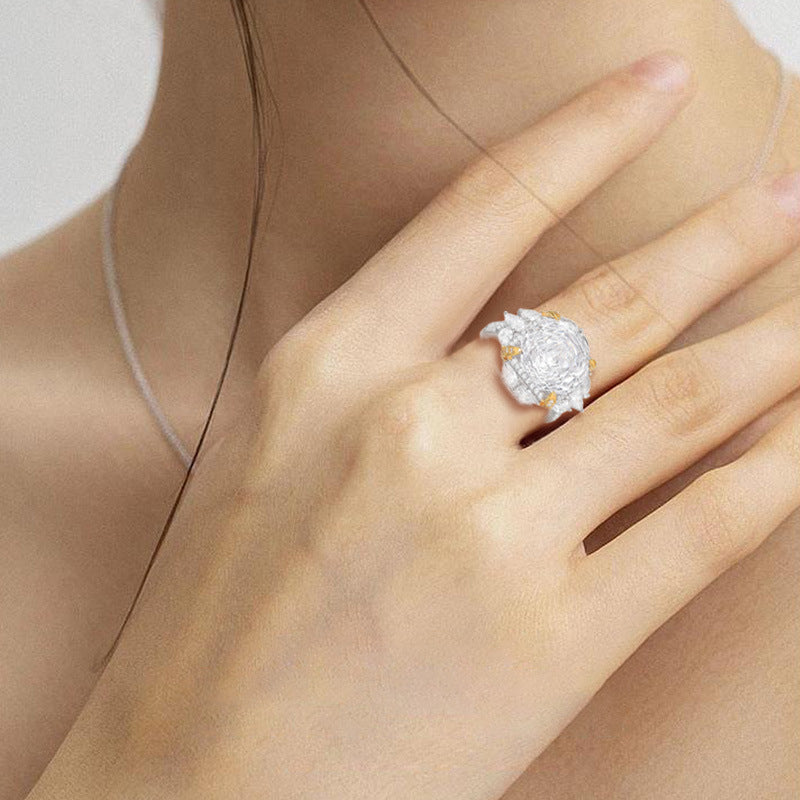 S925 Sterling Silver Camellia J Ring Atmospheric High Sense Versatile Temperament Flower Women's Opening Ring