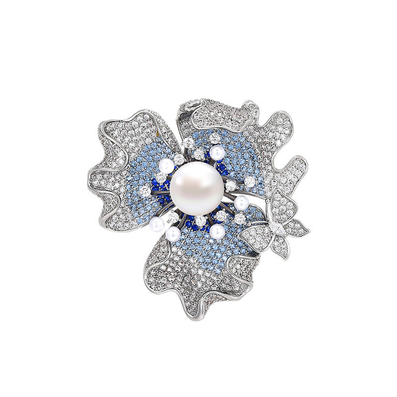 New Elegant Pearl Flower Brooch Retro High-end Full Diamond Zircon Flower Clothing Corsage