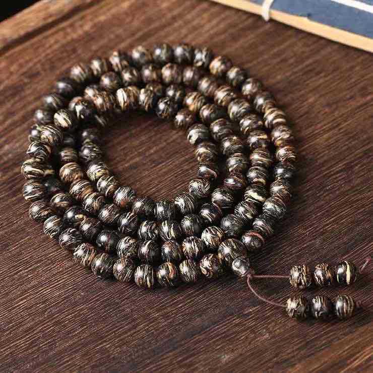 Buddha Life Tiger Skin Pattern Agarwood 108 Buddha Mala Beads Bracelet Necklace