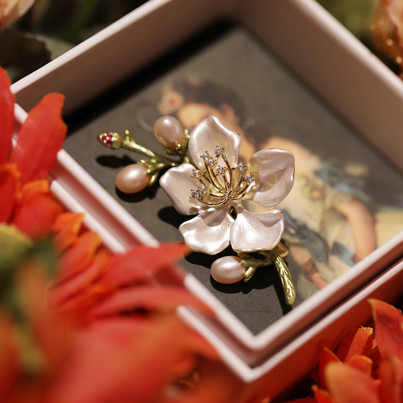 Elegant Classic Enamel Freshwater Pearl Peach Blossom Brooch - Luxurious Pin Gift