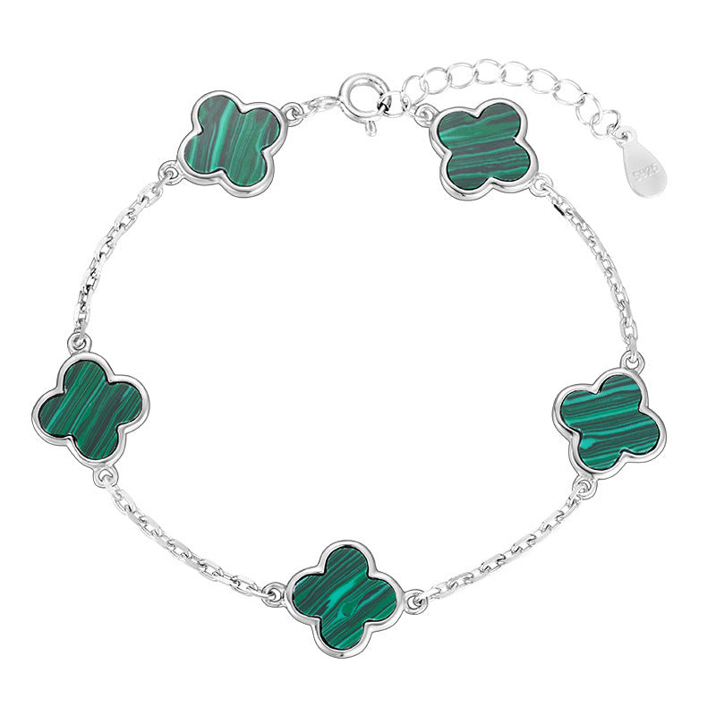 Dapaza S925 Sterling Silver Lucky Grass Mother Shellfish Malachite Bracelet