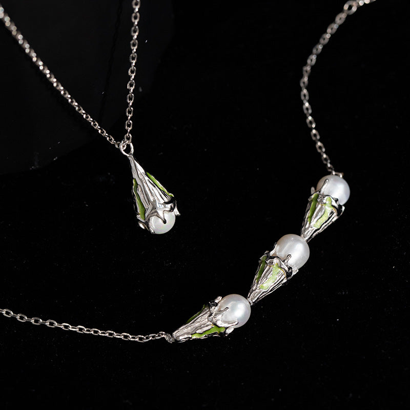 Sterling Silver Natural Pearl Necklace Enamel Ice Cream Pendant