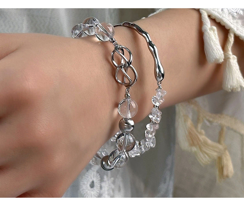 S925 Sterling Silver Natural White Crystal Round Bead 8-character Buckle Bracelet