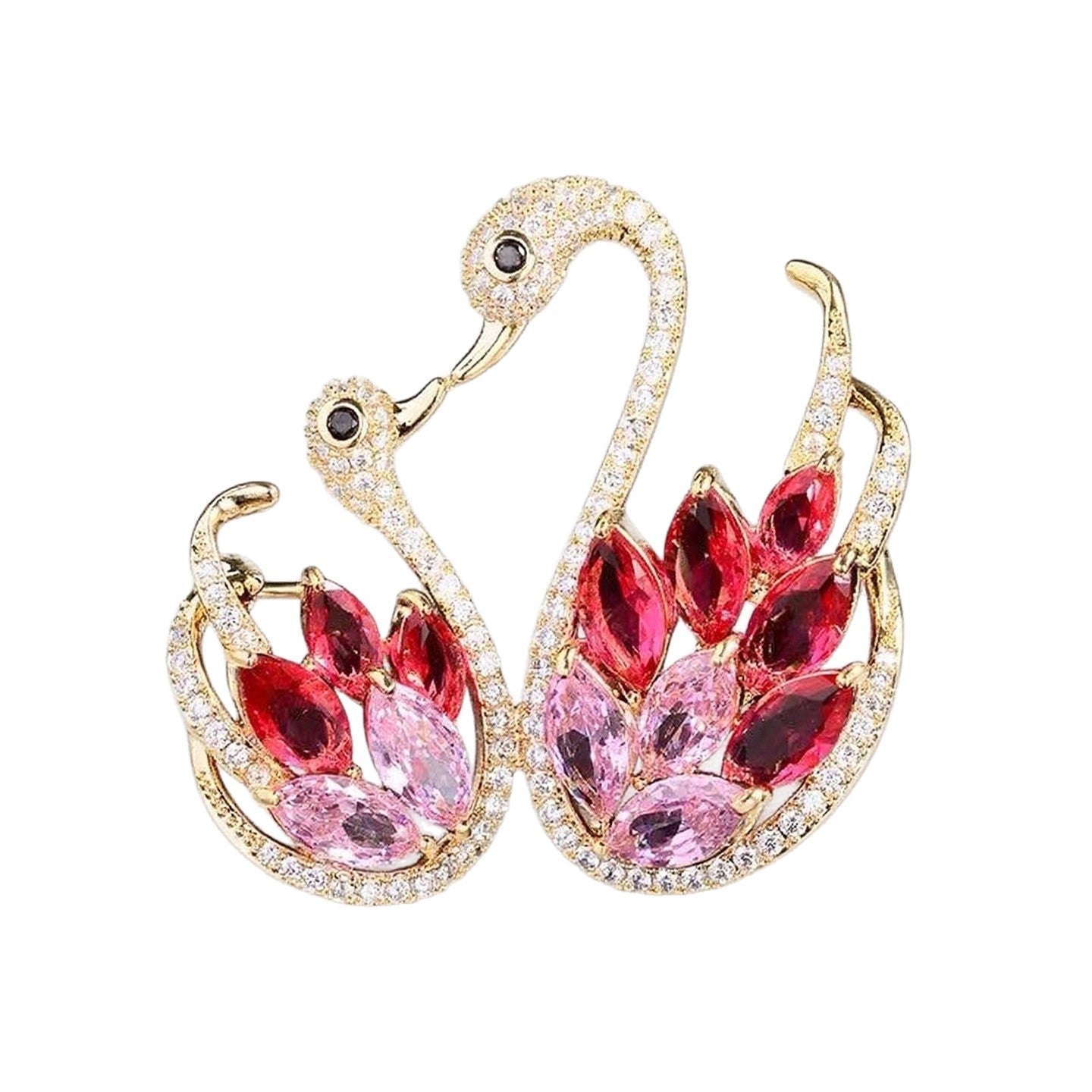 Gold Gradual Change Color Red Double Swan Animal Brooch