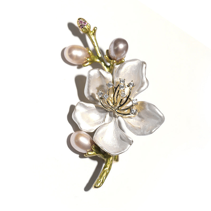Elegant Classic Enamel Freshwater Pearl Peach Blossom Brooch - Luxurious Pin Gift