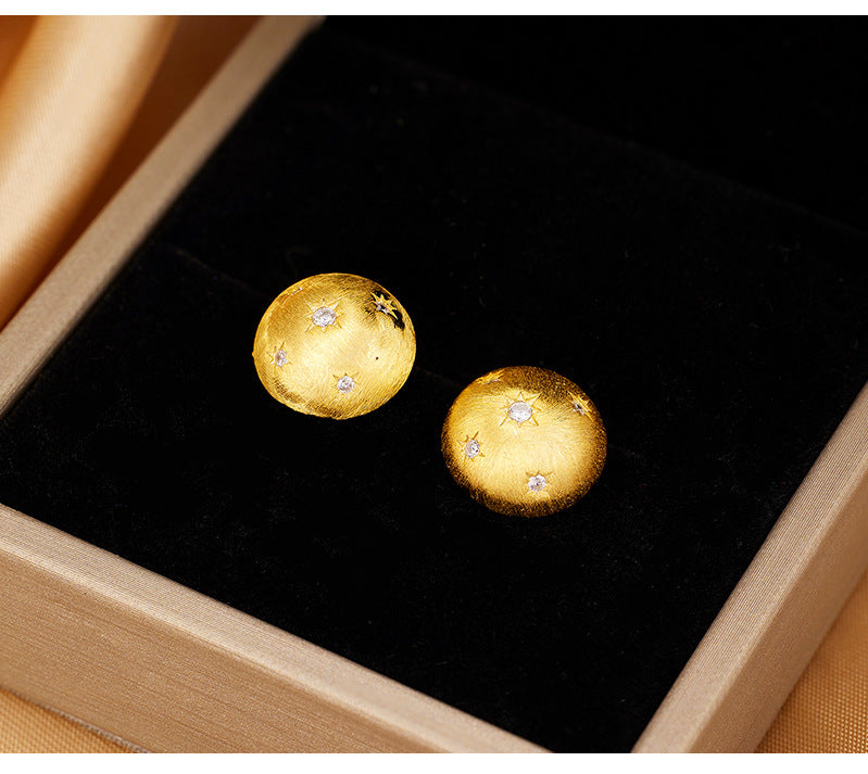 S925 Sterling Silver Stud Earrings Women's Medieval Gilt Round Star Earrings