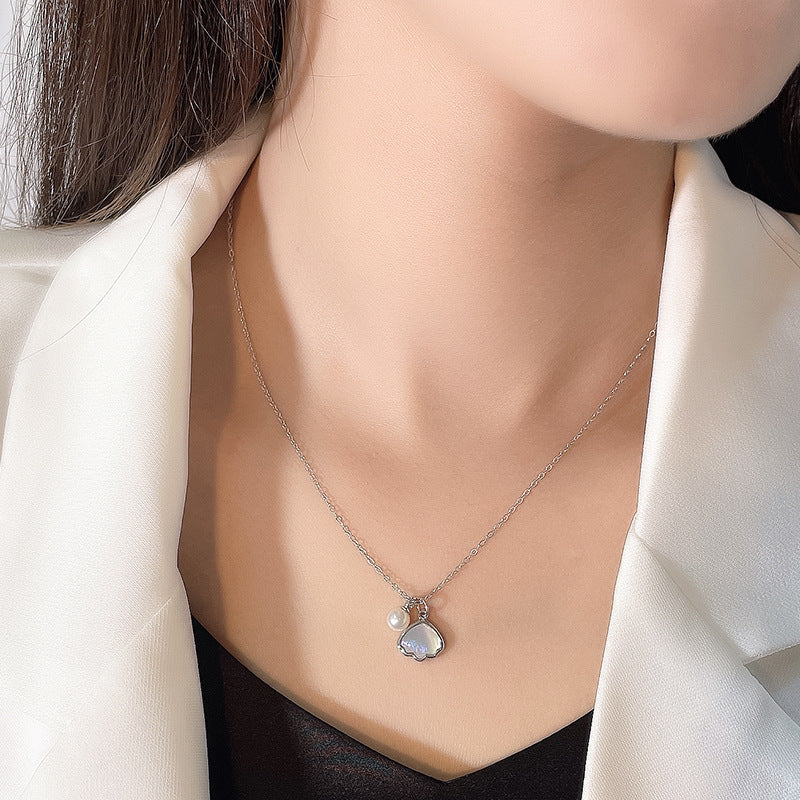 S925 Silver Necklace Double-sided Wearing Pearl  White Mother Shell Necklace Pendant