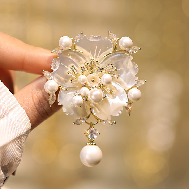 Mother Shell Brooch Pearl Camellia Zircon Corsage