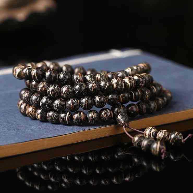Buddha Life Tiger Skin Pattern Agarwood 108 Buddha Mala Beads Bracelet Necklace