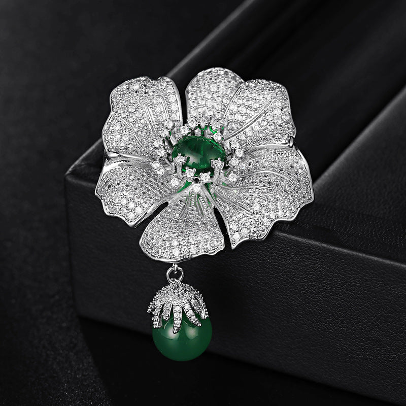 Chalcedony Natural Freshwater Pearl Camellia Brooch