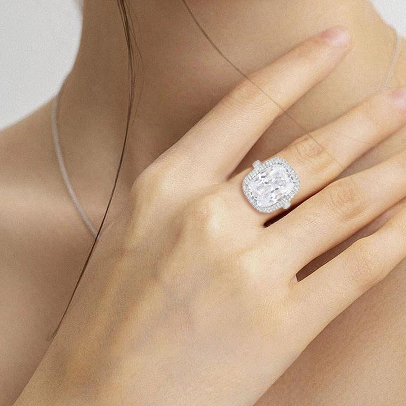 European Court Style Bright Shining Sugar Cube Ring 925 Sterling Silver Open Ring Luxury Diamond Ring Adjustable Ring
