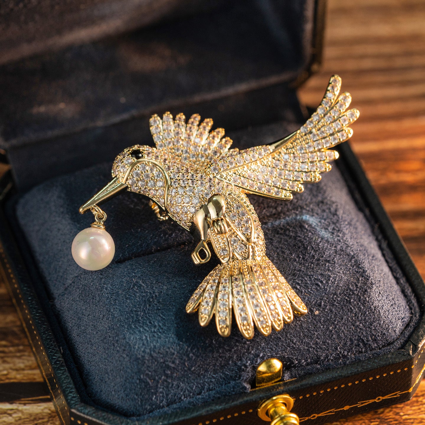 Silver White Pearl Hummingbird Brooch with Diamonds