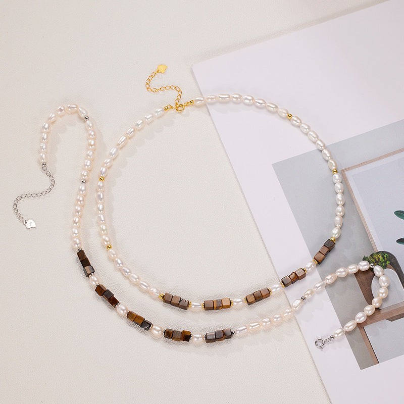 Maillard Style 925 Sterling Silver Tiger’s Eye & Pearl Necklace