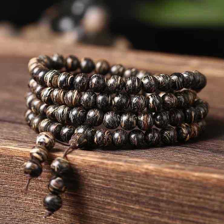 Buddha Life Tiger Skin Pattern Agarwood 108 Buddha Mala Beads Bracelet Necklace