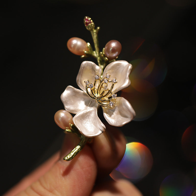 Elegant Classic Enamel Freshwater Pearl Peach Blossom Brooch - Luxurious Pin Gift
