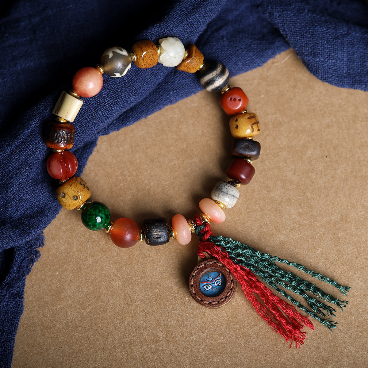 Buddha Life Daragan Agarwood Bracelet Cowhide Sewn Painted Five-way God of Wealth Thangka Pendant Female