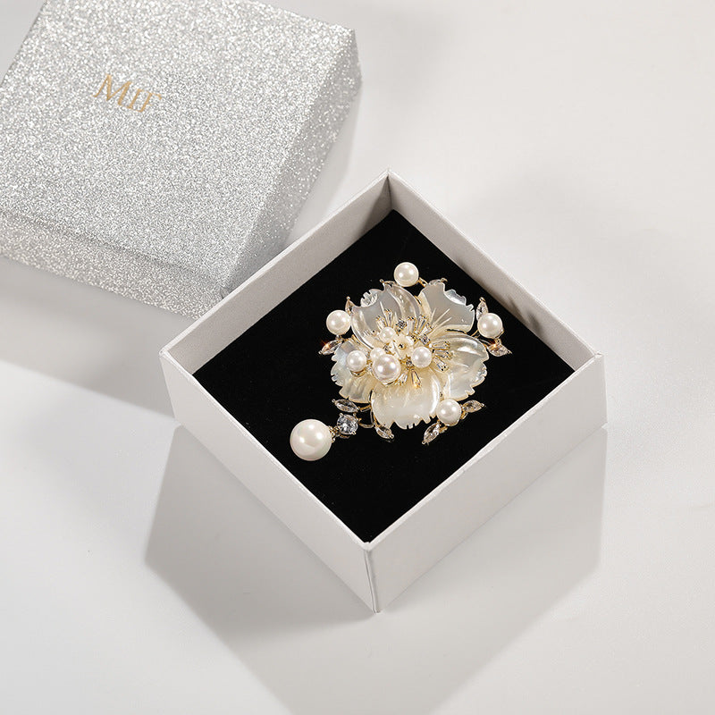 Mother Shell Brooch Pearl Camellia Zircon Corsage