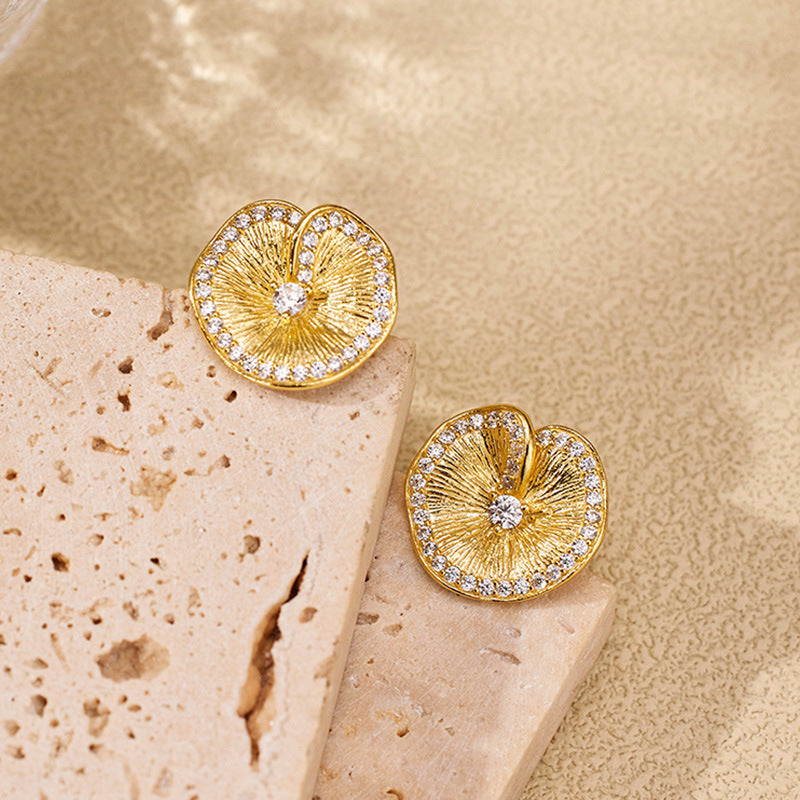 Dapaza Brushed Craft S925 Sterling Silver Lotus Leaf Folded Texture Stud Earrings