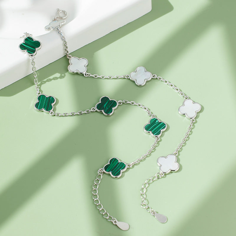 Dapaza S925 Sterling Silver Lucky Grass Mother Shellfish Malachite Bracelet