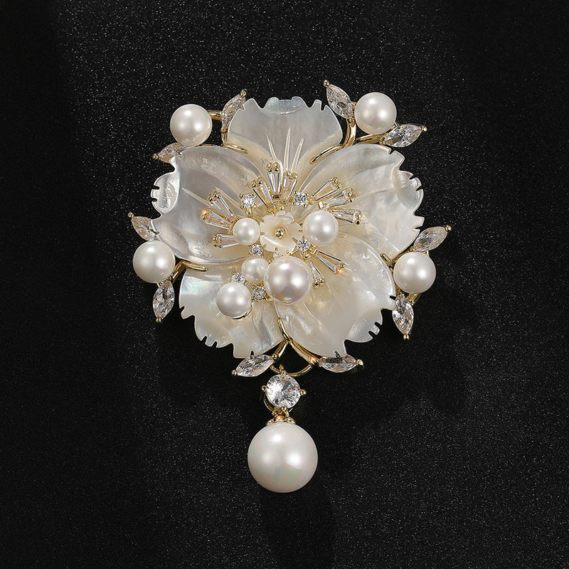 Mother Shell Brooch Pearl Camellia Zircon Corsage